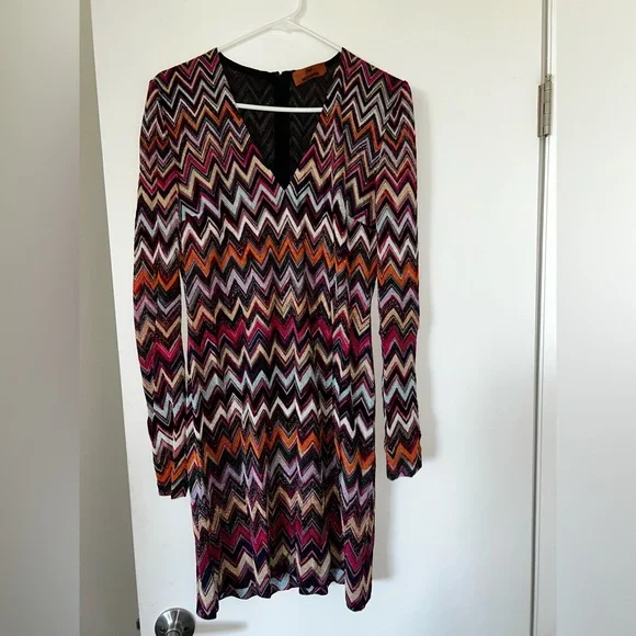 Missoni Zig Zag Lame Multicolor Raschel Midi Dress Long Sleeves sz 46 - Picture 4 of 11